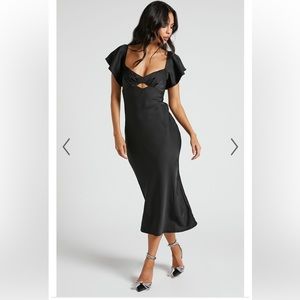 Showpo Emberlynn black satin midi dress
